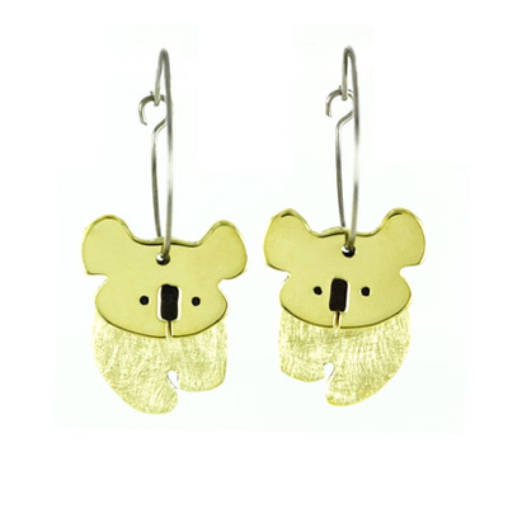 Far Fetched Dancing Koala Bear Hoop Earrings Brushed Brass Artisan Handmade